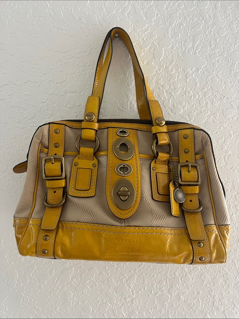Coach Yellow and Beige Leather-Trim Shoulder Bag